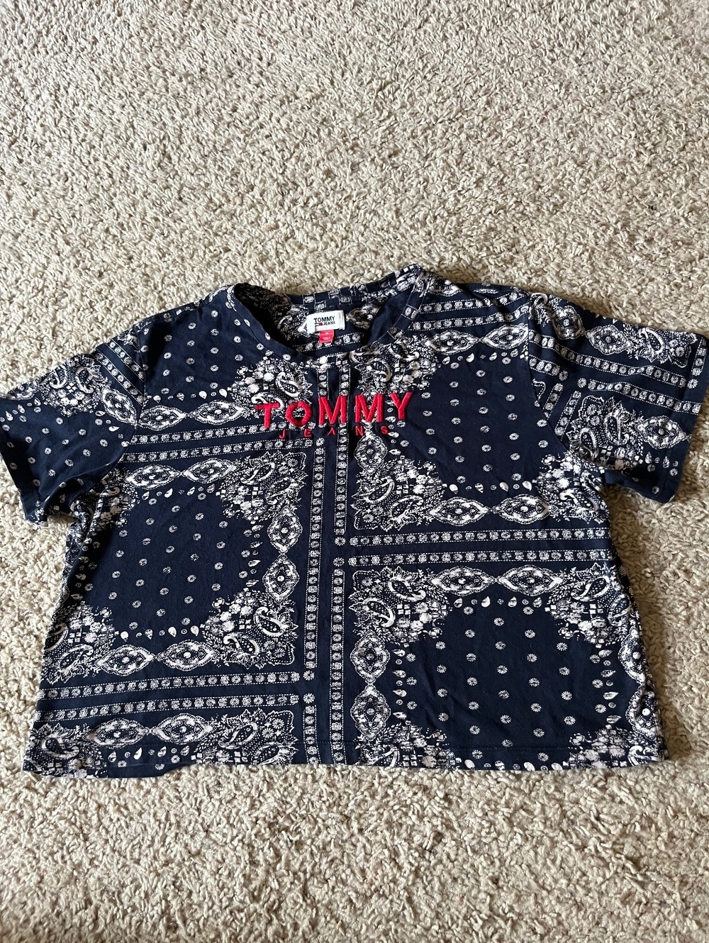 Tommy Jeans Navy Bandana Print Crop T-Shirt with Red Logo Embroidery, Size M